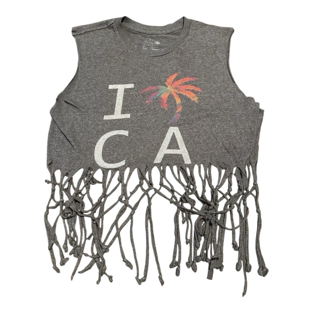 DIY Fringe Crop Top Palm Tree Graphic Tee Upcycled Boho Festival Shirt Small